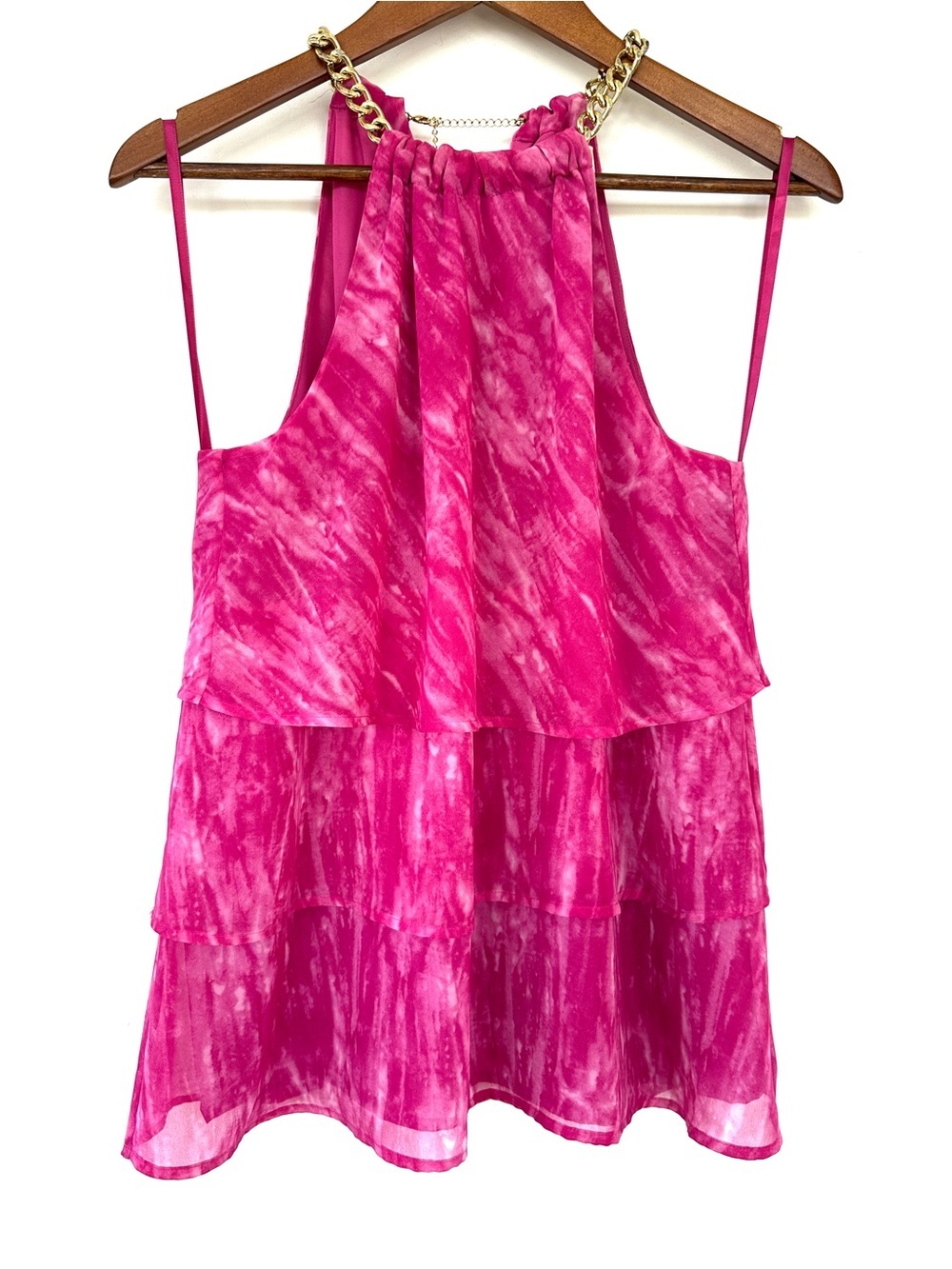 Michael Kors Hot Pink Tiered Halter Tank with Gold Chain